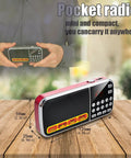 Pocket Size AM FM Radio With 1200mAh Battery displayed in hand and close-up on table, showing digital buttons and TF card slot.
