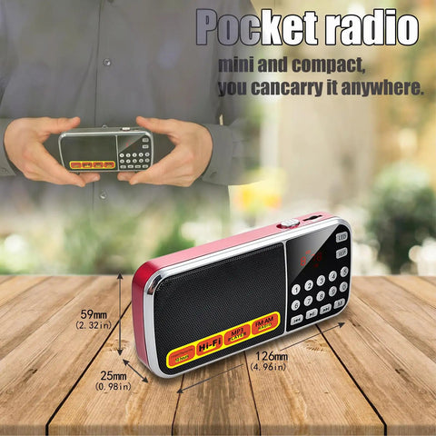 Pocket Size AM FM Radio With 1200mAh Battery displayed in hand and close-up on table, showing digital buttons and TF card slot.