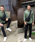 Man wearing Rugged Tactical Crossbody Bag For Men With Water Bottle Holder MOLLE EDC Sling Pack With USB Charging Port