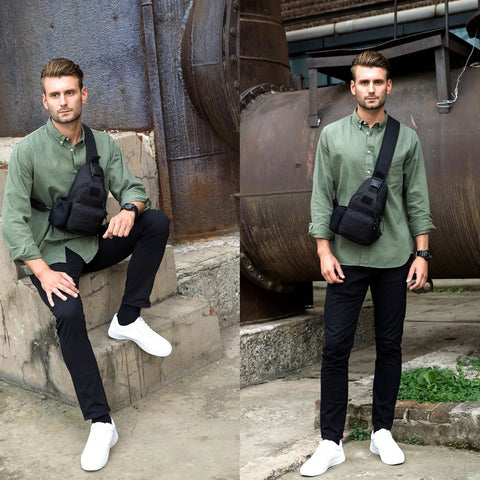 Man wearing Rugged Tactical Crossbody Bag For Men With Water Bottle Holder MOLLE EDC Sling Pack With USB Charging Port