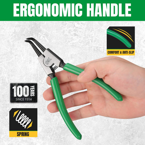 Hand holding 4-Piece 7 Inch Snap Ring Pliers Set Internal And External Circlip Pliers With Straight And Bent Jaws 0.07 Inch Tip.