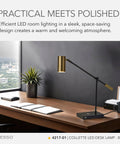 Lit 7W LED Desk Lamp With Qi Wireless Charging Pad and USB Port on modern office desk, black and antique brass design.