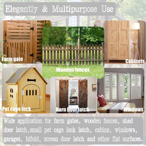 Elegantly designed farm gate, wooden fences, cabinets, pet cage lock, barn door latch, and windows for multipurpose use.
