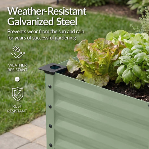 Galvanized Raised Garden Bed 48 By 24 By 30 Inches in sage green with plants growing in backyard garden.