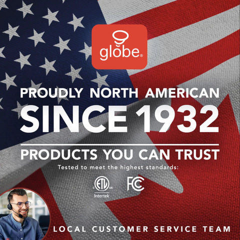 Globe company logo with North American flags, text 'Proudly North American Since 1932, Products You Can Trust', customer service image.