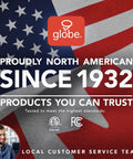 Proudly North American Globe brand image with USA and Canada flags, highlighting since 1932, with customer service support inset.