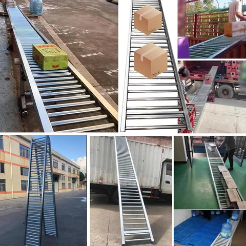 Folding Stainless Steel Conveyor Roller 13ft for Truck Trailers and Warehouses with boxes on rollers and various angles shown.