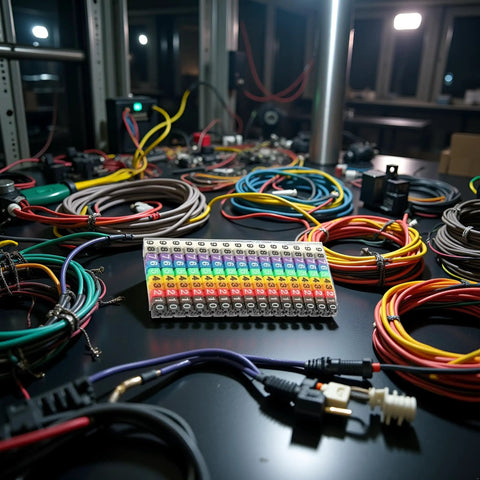 750 Piece Clip-On Wire Markers Kit with colorful cable markers, number tags, and organized cables on a table.