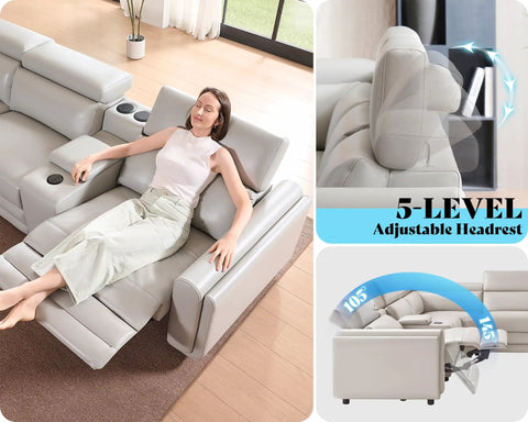 Light grey leather power recliner sectional sofa with storage and USB port, reclining with adjustable headrest.