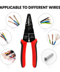 All In One Wire Stripper And Cable Splicer Tool For 10 22 AWG Do It All Pliers With Screw Cutter, red ergonomic handles, and wire examples.
