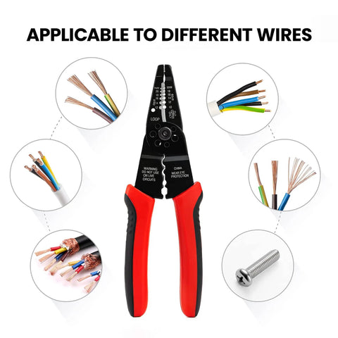 All In One Wire Stripper And Cable Splicer Tool For 10 22 AWG Do It All Pliers With Screw Cutter, red ergonomic handles, and wire examples.