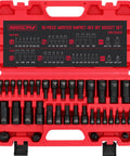 Impact Socket Set With 36 Piece Hex Bit Kit For Quarter Inch, Three Eighths Inch And Half Inch Drives in red storage case