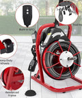 Electric Drain Auger With 30 Meter Steel Cable Drain Snake 250W Motor showing heavy-duty wheels and built-in GFCI feature.