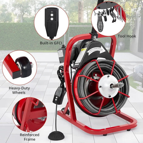 Electric Drain Auger With 30 Meter Steel Cable Drain Snake 250W Motor showing heavy-duty wheels and built-in GFCI feature.