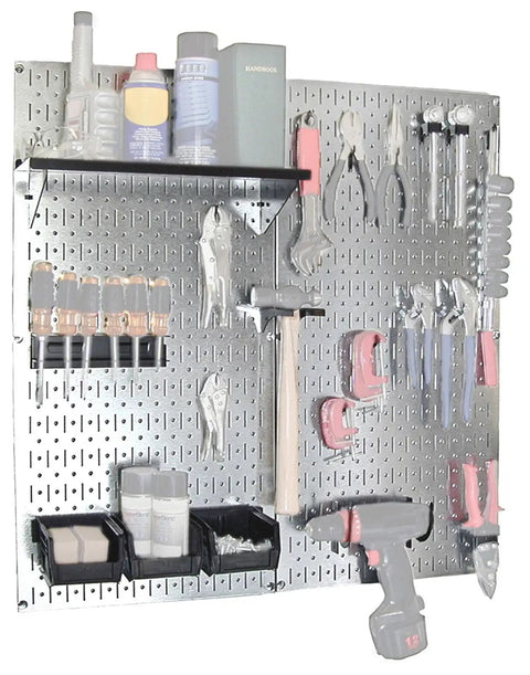 Galvanized Steel Pegboard Tool Organizer For Garage Wall Mount with tools hung on hooks and shelves, magnetic panels visible