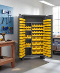 Beefy Industrial Steel Locker Cabinet With Recessed Doors And Locking Hardware For Workshop And Garage Built To Last Storage Solution With Pegboard Organization System And Extra Heavy Duty Construction open with yellow bins