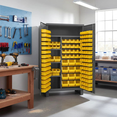 Beefy Industrial Steel Locker Cabinet With Recessed Doors And Locking Hardware For Workshop And Garage Built To Last Storage Solution With Pegboard Organization System And Extra Heavy Duty Construction open with yellow bins