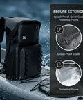 100 Percent Waterproof Roll Top Dry Bag Backpack With Front Splash Proof Pocket on kayak, showing splash-proof zipper detail
