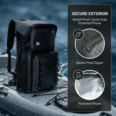 100 Percent Waterproof Roll Top Dry Bag Backpack With Front Splash Proof Pocket on kayak, showing splash-proof zipper detail