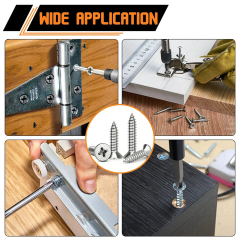 Stainless Steel No 8 Wood And Sheet Metal Screws Kit 200 Pc Assortment in various applications on wood and metal surfaces.