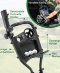 3 Wheel Foldable Golf Push Cart Ultra Lightweight Go-To On The Green Sidekick with scorecard and umbrella holder details