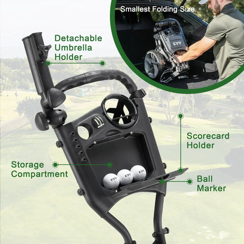 3 Wheel Foldable Golf Push Cart Ultra Lightweight Go-To On The Green Sidekick with scorecard and umbrella holder details