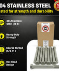 Beefy 5/8-11 Stainless Steel Hex Head Bolts 6 Inch Long, 304 Grade, Outdoor Ready, Heavy Duty Coarse Thread Hardware For DIY Projects, Construction, Marine And More shown with 10-piece set