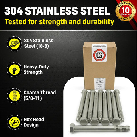 Beefy 5/8-11 Stainless Steel Hex Head Bolts 6 Inch Long, 304 Grade, Outdoor Ready, Heavy Duty Coarse Thread Hardware For DIY Projects, Construction, Marine And More shown with 10-piece set