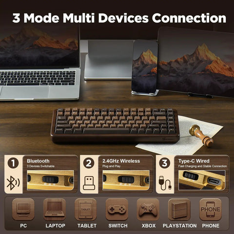 Premium Solid Walnut Wood 75 Percent Wireless RGB Mechanical Gaming Keyboard Featuring Dope Hot Swap Caps And Fire Backlighting showcasing multi-device connections.