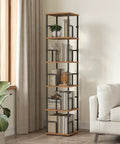Solid Five Tier Freestanding Swivel Corner Bookshelf With Slick 360 Spin Rustic Industrial Storage Rack in living room corner