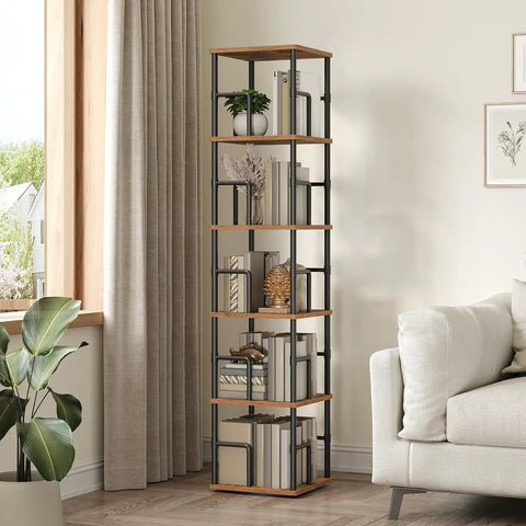 Solid Five Tier Freestanding Swivel Corner Bookshelf With Slick 360 Spin Rustic Industrial Storage Rack in living room corner