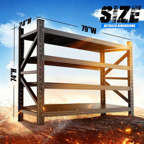 Heavy Duty Bulletproof Four Tier Steel Storage Shelves For Garage And Workshop With Wide 79 Inch Base and 24 Inch Height.