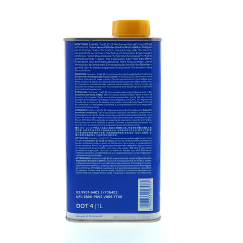 Top Shelf Dot 4 Brake Fluid in one liter metal tin can, displaying safety warnings and usage instructions for ABS systems.