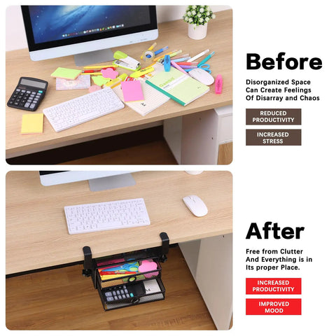Before and after of desk with and without Under Desk And Desktop Drawer Organizer With 2 Tier Metal Slide Out Drawers In Black Game Changing Space Saver For Home Office Keeps Your Keyboard Clear And Clutter Free While Maximizing Floor Space And Easy Access