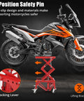 Heavy Duty Hydraulic Motorcycle Lift Table With 350 Lb Capacity Wide Deck Foot Operated Jack J Hooks Four Wheels Perfect For ATVs And Dirt Bikes Maintenance And Repairs lifting a motorcycle