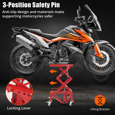 Heavy Duty Hydraulic Motorcycle Lift Table With 350 Lb Capacity Wide Deck Foot Operated Jack J Hooks Four Wheels Perfect For ATVs And Dirt Bikes Maintenance And Repairs lifting a motorcycle