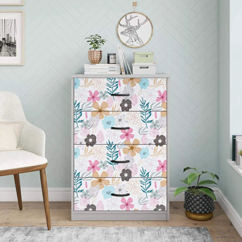 Floral Peel And Stick Wallpaper With Perennial Blooms Self Adhesive And Removable Vinyl Waterproof For Bathroom And Cabinets 17.71 Inches By 118 Inches Totally Easy To Install And Reposition No Residue applied on dresser drawers in bedroom scene.