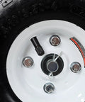 Close-up of 10 inch dual gate wheel showing pneumatic tire details and zinc-coated rim for smooth rolling.