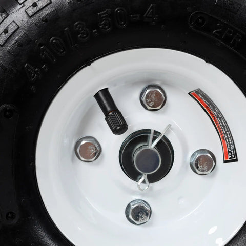 Close-up of 10 inch dual gate wheel showing pneumatic tire details and zinc-coated rim for smooth rolling.