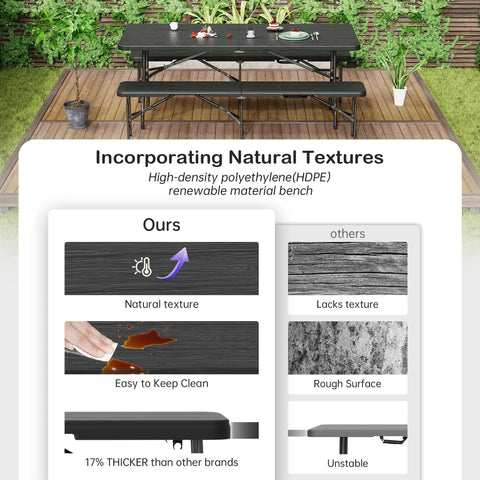 Six Foot Folding Picnic Table Set With Two Benches HDPE Wood Pattern Top Portable Indoor Outdoor Furniture comparison chart