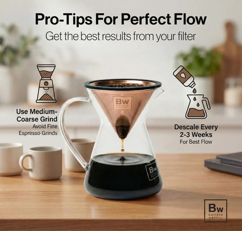 Reusable Stainless Steel Pour Over Coffee Dripper With Copper Finish on a glass carafe, instructions for optimal use displayed.