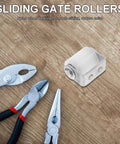 Heavy Duty Stainless Steel Sliding Gate Roller With Nylon Bearing Wheel And Mounting Bracket on wooden surface next to tools