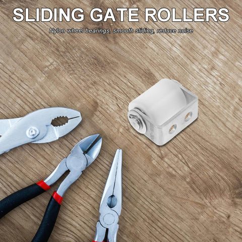 Heavy Duty Stainless Steel Sliding Gate Roller With Nylon Bearing Wheel And Mounting Bracket on wooden surface next to tools