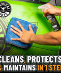 Cleaning car surface with Meticulous Matte Detailer And Spray Sealant, 32 fl oz bottle, blue microfiber cloth.