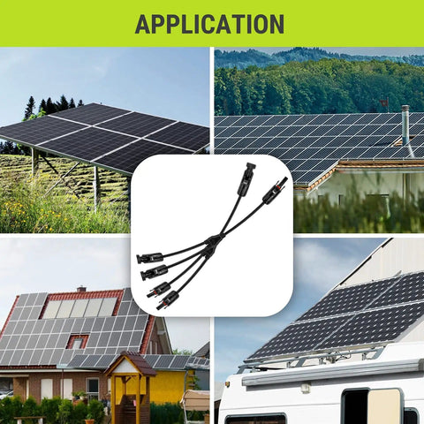 Y Branch Solar Connector 2 To 1 Cable Adaptor Kit For Parallel Solar Panel Wiring setup shown in various outdoor settings