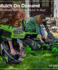 80V 30 Inch Cordless Riding Lawn Tractor With Four 6Ah Batteries And 600W Charger Delivers Gas Like Torque With Zero Emissions For Quiet Low Maintenance Yard Work On Medium Lawns. Rider switching from mulch to bag
