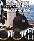 Scuba Regulator Bag With Adjustable Shoulder Strap Tactical Style Protective Storage For Regulator Octopus Gloves SMB Dive Light Camera Hose Cutter And Other Gear Black displayed with scuba gear and detailed inserts.