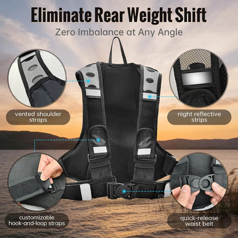 Back view of Hydration Pack With 2L Water Bladder, Lightweight 600D Running Backpack, showing vented straps and reflective strips.