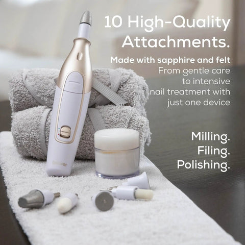 Nail Tech Approved Cordless Electric Drill With Adjustable Speed And Built In Led Lamp, Electric File Kit offering ten swappable bits on a towel.