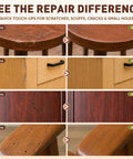 Before and after images showcasing the 24 Wood Filler Sticks And Furniture Repair Wax Crayons effectiveness on scratches and scuffs.